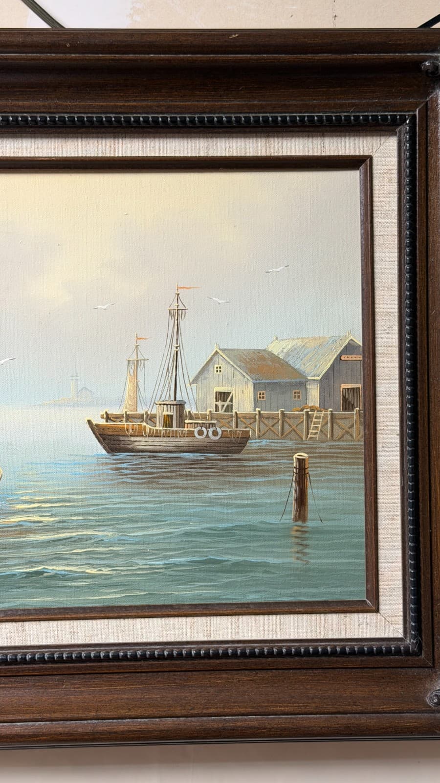 Gene Bayson Framed Seascape Painting 12x16 Boats Harbor Vintage Art - Thumbnail 5