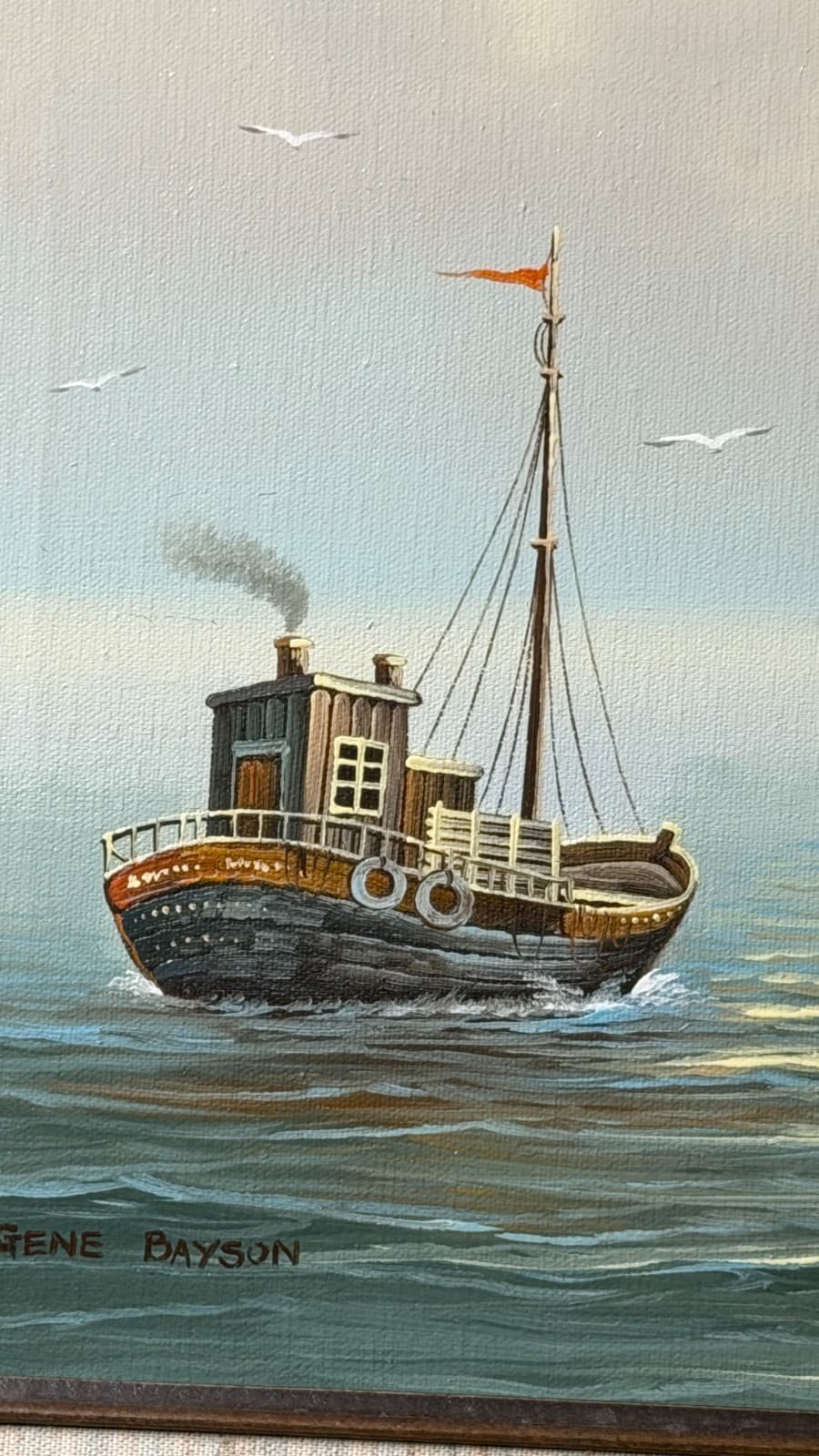 Gene Bayson Framed Seascape Painting 12x16 Boats Harbor Vintage Art - Thumbnail 9