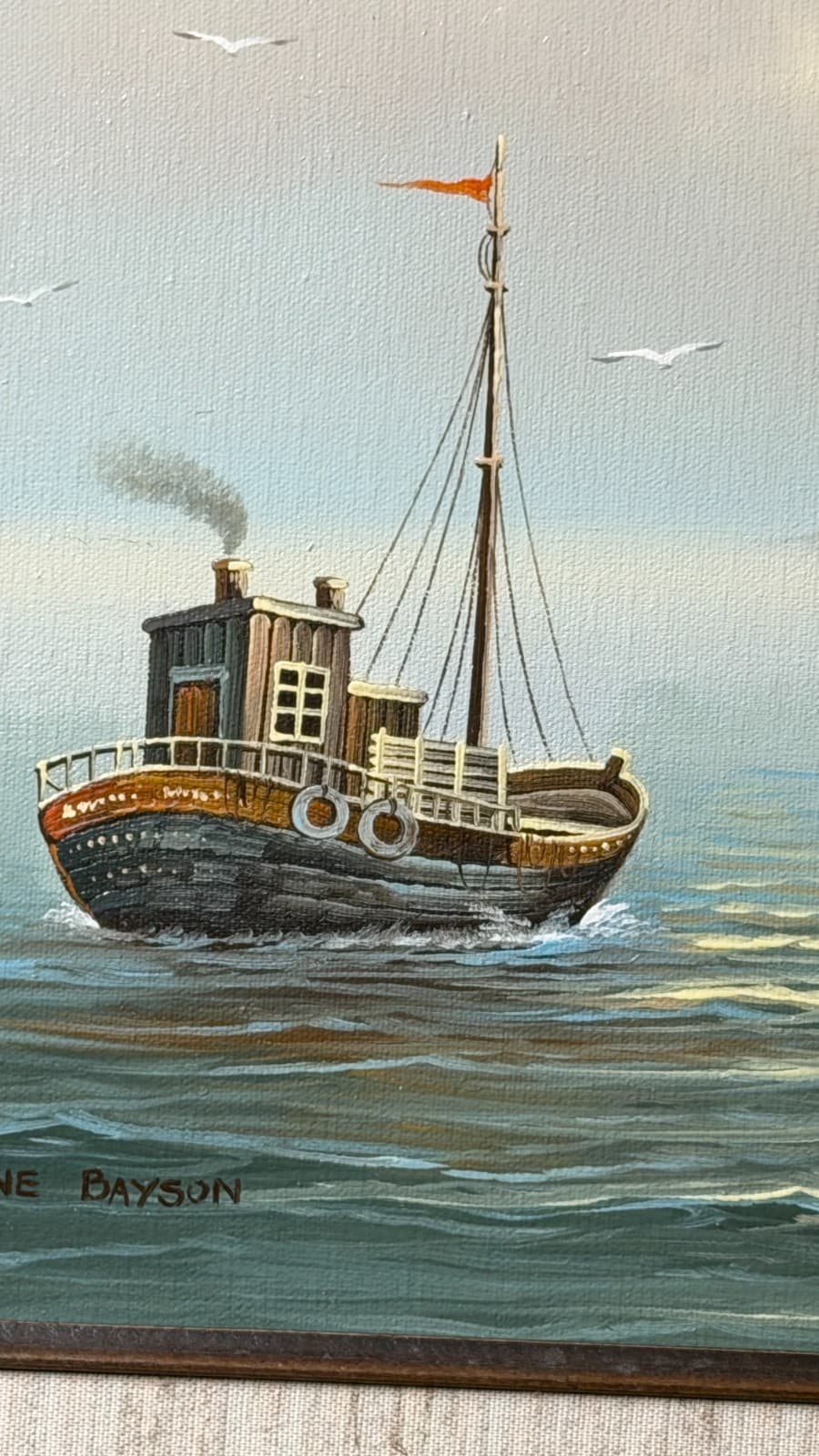 Gene Bayson Framed Seascape Painting 12x16 Boats Harbor Vintage Art - Thumbnail 8
