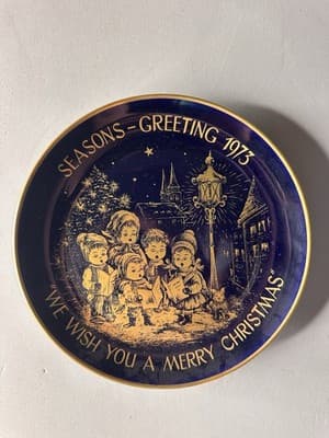 Lindner Christmas 1973 Collector Plate Blue And Gold We Wish You A Merry Xmas ^^