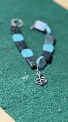 Turquoise & Black Stone Bracelet Silver Tone Toggle Clasp Boho Vintage Style 7”