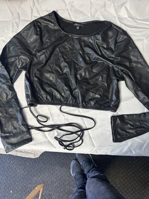 Women’s Black Faux Leather Long Sleeve Crop Top Drawstring Hem Size L