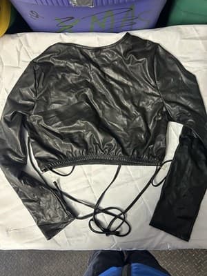 Women’s Black Faux Leather Long Sleeve Crop Top Drawstring Hem Size L - Thumbnail 5