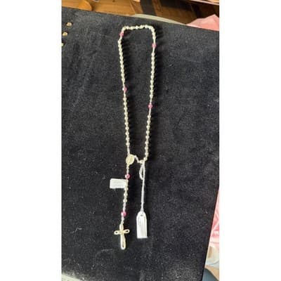 Argento 925 Sterling Silver Rosary Necklace Pink Crystal Beads R122 NEW - Thumbnail 8