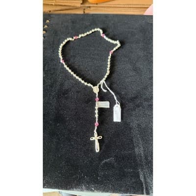 Argento 925 Sterling Silver Rosary Necklace Pink Crystal Beads R122 NEW