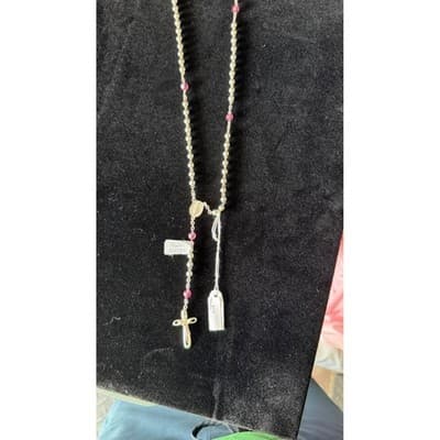 Argento 925 Sterling Silver Rosary Necklace Pink Crystal Beads R122 NEW - Thumbnail 9