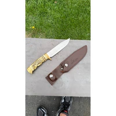 Mossy Oak Fixed Blade Hunting Knife Faux Stag Handle Brass Guard Leather Sheath - Thumbnail 4