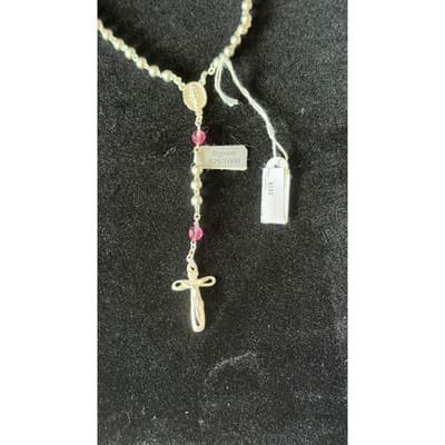 Argento 925 Sterling Silver Rosary Necklace Pink Crystal Beads R122 NEW - Thumbnail 3