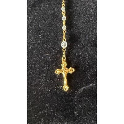 Gold Tone Rosary Necklace Clear Faceted Beads Crucifix Miraculous Medal 17 Inch - Thumbnail 3