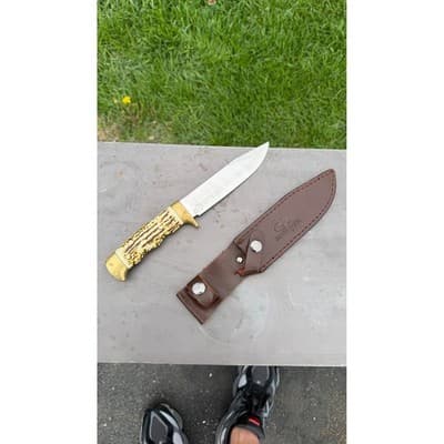 Mossy Oak Fixed Blade Hunting Knife Faux Stag Handle Brass Guard Leather Sheath - Thumbnail 3