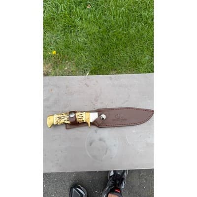 Mossy Oak Fixed Blade Hunting Knife Faux Stag Handle Brass Guard Leather Sheath