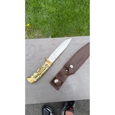 Mossy Oak Fixed Blade Hunting Knife Faux Stag Handle Brass Guard Leather Sheath - Thumbnail 7