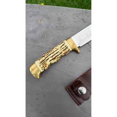Mossy Oak Fixed Blade Hunting Knife Faux Stag Handle Brass Guard Leather Sheath - Thumbnail 5