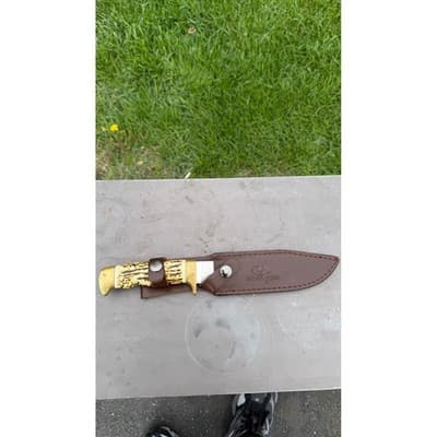 Mossy Oak Fixed Blade Hunting Knife Faux Stag Handle Brass Guard Leather Sheath - Thumbnail 2