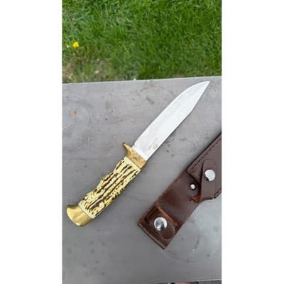 Mossy Oak Fixed Blade Hunting Knife Faux Stag Handle Brass Guard Leather Sheath - Thumbnail 6
