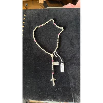 Argento 925 Sterling Silver Rosary Necklace Pink Crystal Beads R122 NEW - Thumbnail 2