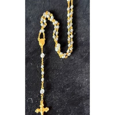 Gold Tone Rosary Necklace Clear Faceted Beads Crucifix Miraculous Medal 17 Inch - Thumbnail 4