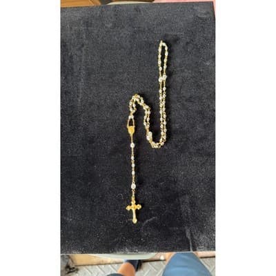 Gold Tone Rosary Necklace Clear Faceted Beads Crucifix Miraculous Medal 17 Inch - Thumbnail 2