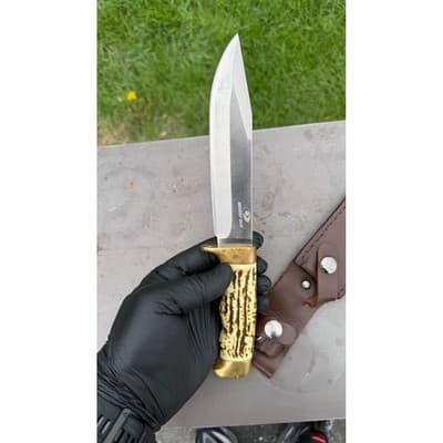 Mossy Oak Fixed Blade Hunting Knife Faux Stag Handle Brass Guard Leather Sheath - Thumbnail 8