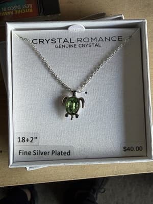 Crystal Romance Silver Plated Turtle Necklace w/ Green Crystal 18+2” NIB
