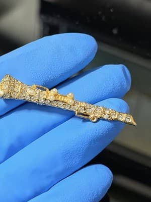 Vintage Gold Tone Rhinestone Flute Brooch Pin Faux Pearls Music Instrument