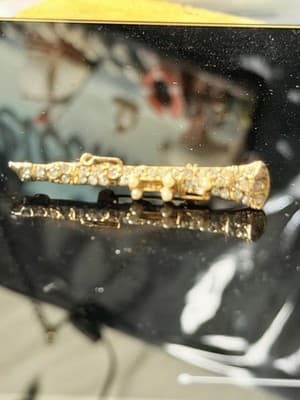 Vintage Gold Tone Rhinestone Flute Brooch Pin Faux Pearls Music Instrument - Thumbnail 3