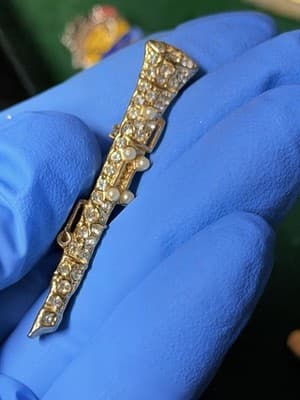 Vintage Gold Tone Rhinestone Flute Brooch Pin Faux Pearls Music Instrument - Thumbnail 5