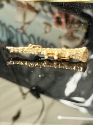 Vintage Gold Tone Rhinestone Flute Brooch Pin Faux Pearls Music Instrument - Thumbnail 2