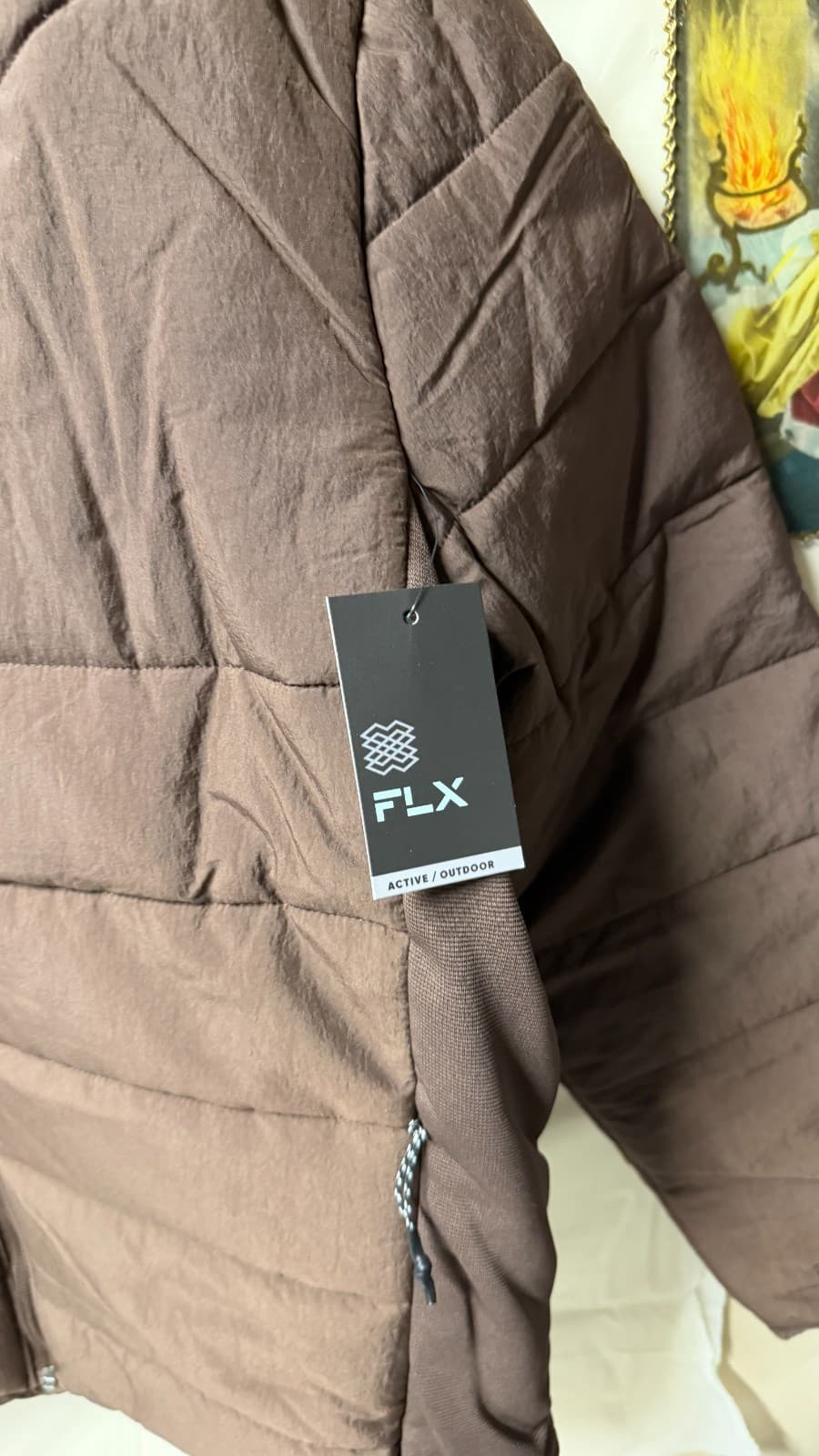 FLX Men’s Puffer Jacket Brown Size M Lightweight Quilted Zip Up NWT - Thumbnail 3