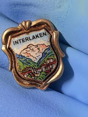 Vintage Interlaken Switzerland Enamel Souvenir Pin Brooch Alpine Scene