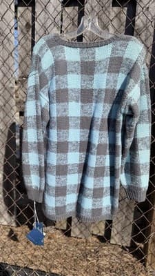 Vintage Perry Ellis Portfolio Wool Sweater Blue Gray Check Knit Size S - Thumbnail 5