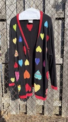 Vintage Heart Cardigan 1X Colorful Beaded Sweater