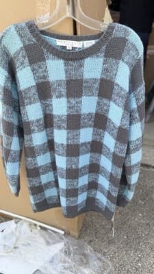 Vintage Perry Ellis Portfolio Wool Sweater Blue Gray Check Knit Size S - Thumbnail 2