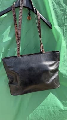 Brahmin Black Brown Leather Tote Bag Croc Embossed Shoulder Purse - Thumbnail 8