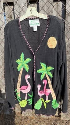 Vintage Quacker Factory Flamingo Cardigan Sweater Palm Tree Tropical M
