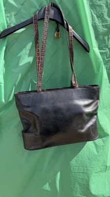 Brahmin Black Brown Leather Tote Bag Croc Embossed Shoulder Purse - Thumbnail 7
