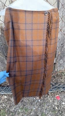 Dana Buchman Wool Skirt Size 10 Brown Plaid Fringe Wrap Style Fall Winter