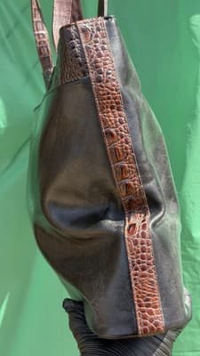Brahmin Black Brown Leather Tote Bag Croc Embossed Shoulder Purse - Thumbnail 6