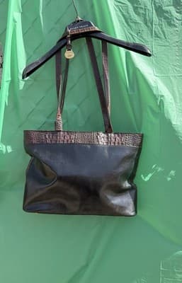Brahmin Black Brown Leather Tote Bag Croc Embossed Shoulder Purse