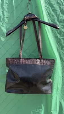Brahmin Black Brown Leather Tote Bag Croc Embossed Shoulder Purse - Thumbnail 3