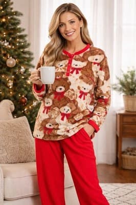 Stan Herman 2 Pc Teddy Bear Fleece Lounge Pajama Set Red Large