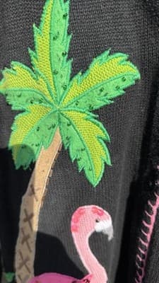 Vintage Quacker Factory Flamingo Cardigan Sweater Palm Tree Tropical M - Thumbnail 2