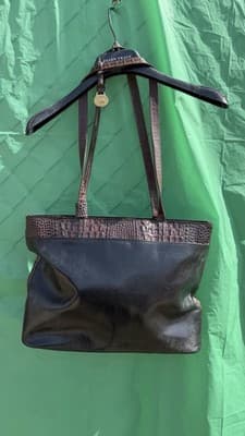Brahmin Black Brown Leather Tote Bag Croc Embossed Shoulder Purse - Thumbnail 2