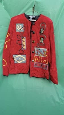 Indigo Moon Jacket Embroidered Red Art To Wear Button Front Size M