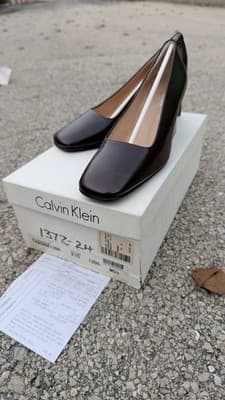 Calvin Klein Brown Leather Pumps Block Heel Square Toe Size 5.5 B Italy - Thumbnail 2
