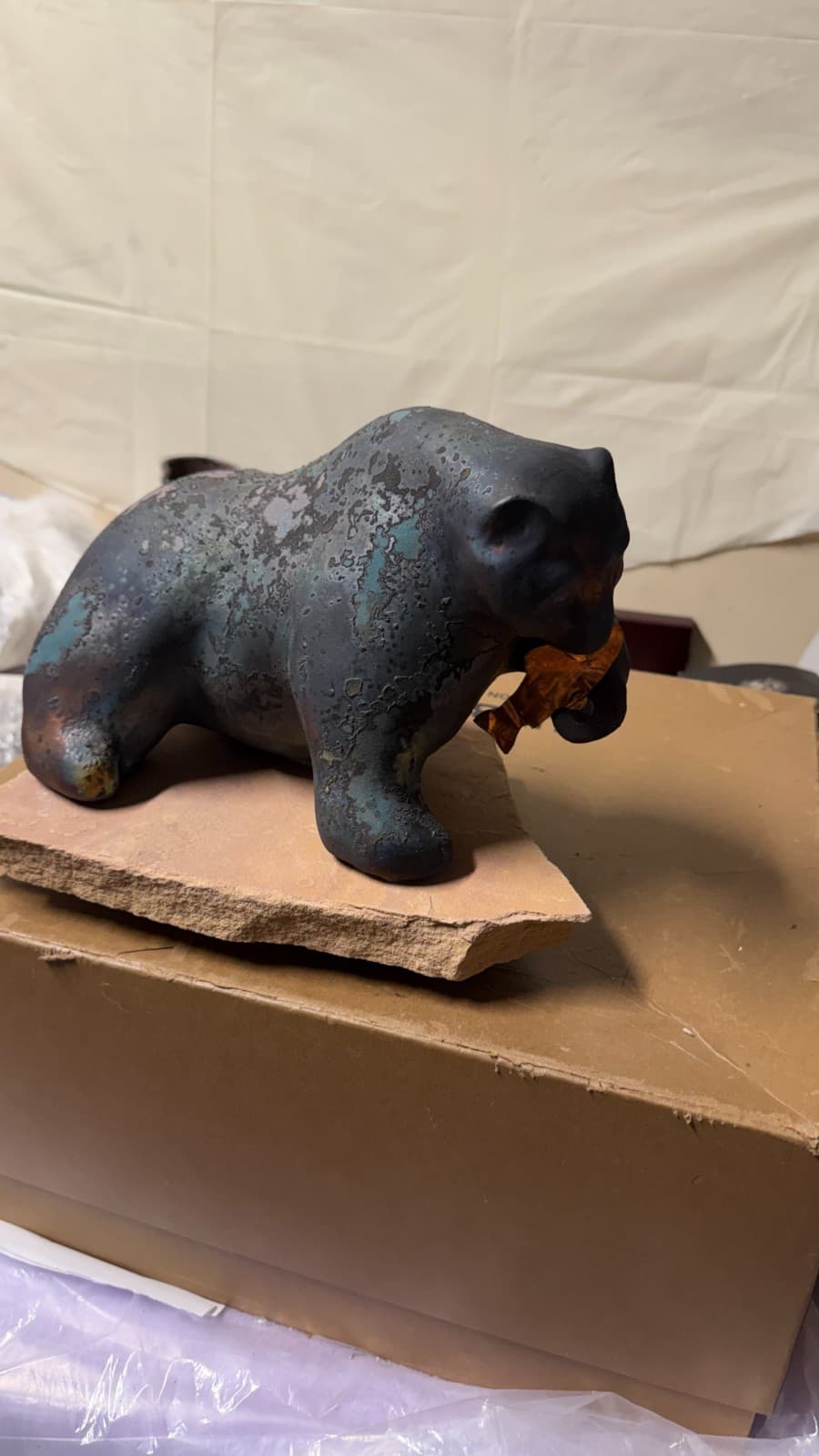 Evans Designs Raku Bear with Fish Sculpture on Stone Base Signed California - Thumbnail 14