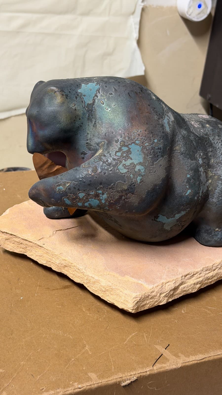 Evans Designs Raku Bear with Fish Sculpture on Stone Base Signed California - Thumbnail 8