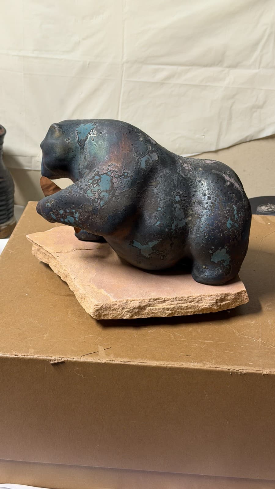 Evans Designs Raku Bear with Fish Sculpture on Stone Base Signed California - Thumbnail 7