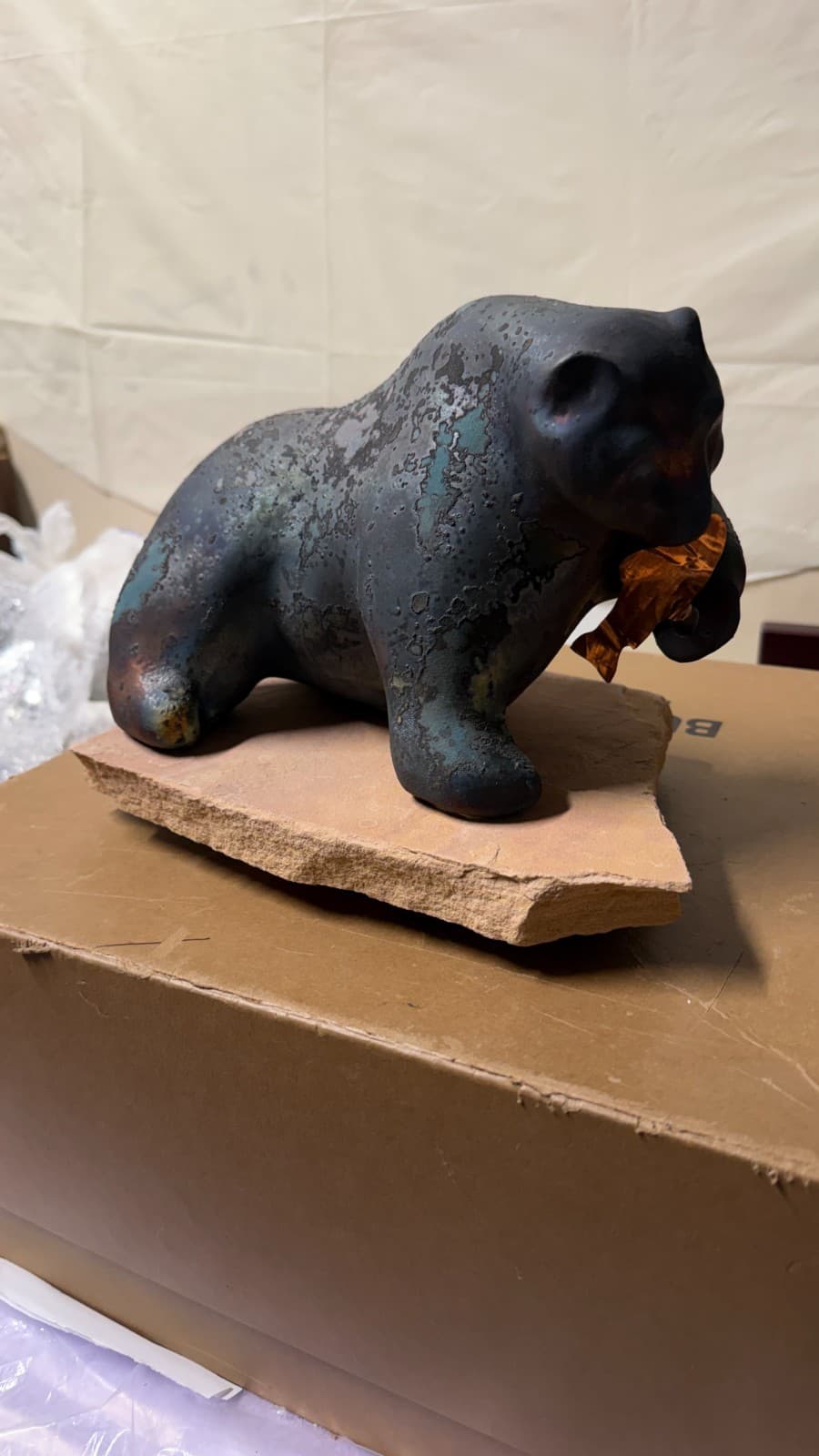 Evans Designs Raku Bear with Fish Sculpture on Stone Base Signed California - Thumbnail 2