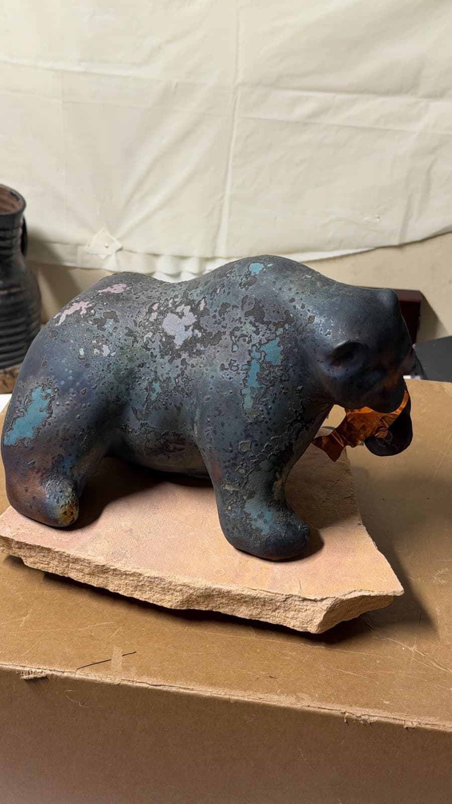 Evans Designs Raku Bear with Fish Sculpture on Stone Base Signed California - Thumbnail 6